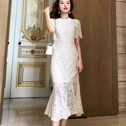French dress temperament waist is thinner knee-length fishtail lace Sleeveless Office Lady Solid Sheath 210416