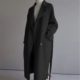 Winter Beige Elegant Wool Blend Women Korean Fashion Black Long Coats Vintage Minimalist Woollen Overcoat Camel Oversize Outwear 211019