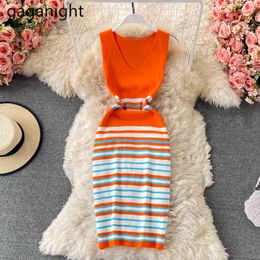 Gaganight V-Neck Knitted Dresses Women Off Shoulder Sexy Club Party Bodycon Dress Summer Sleeveless Striped Knit Tank Dress 210519