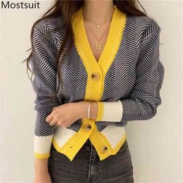 V-neck Single-breasted Korean Cardigan Sweater Women Autumn Winter Color-blocked Long Sleeve Fashion Elegant Ladies Tops 210914