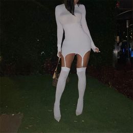 OMSJ Fall Night Dress Women Solid Bodycon Fashion White Mini With Stocking Long Sleeve Clubwear Skinny Party es 210517