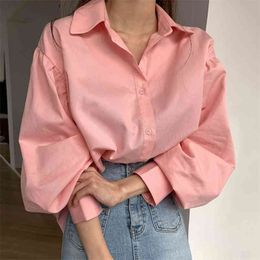 Women's Spring Autumn Blouses French Solid Colour Lapel Single-breasted Top Loose Versatile Lantern Sleeve Female Tops LL394 210506