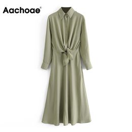 Women A-line Green Dresses Bow Tie Elegant Maxi Casual Turn Down Colllar Long Sleeve Shirt Dress 210413