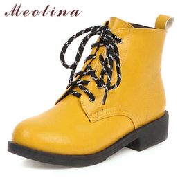 Meotina Women Boots Winter Ankle Boots Lace Up Flat Short Boots Snake Print Round Toe Shoes Female Autumn Yellow Plus Size 34-43 210608