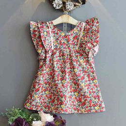 Girls Dress Summer Round Neck Flying Sleeve Floral Print Princess Banquet Fashion Children's 210515