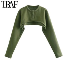 TRAF Women Fashion With Buttons Fleece Cropped Sweatshirts Vintage O Neck Long Sleeve Female Pullovers Chic Tops 210415