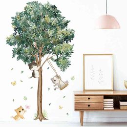 Cute Swing Kitten Wall Stickers Kids rooms Bedroom Wall Decor Green Tree Decals for Living room Vinyl Art Murals Home Decoration 211112