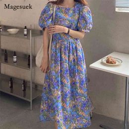 Women Long Dress Summer Casual Chic Fashion Loose Floral Puff Sleeve V-Neck Elegant Ladies es Vestidos 14509 210512