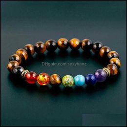 Strands Jewellery Natural Tiger Eye Stone 7 Chakra Bracelets & Bangles Yoga Nce Bead Buddha Prayer Elastic Bracelet Men Pseira Beaded, Drop De