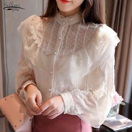 Apricot Sweet Chiffon Shirt Women Casual Puff Long Sleeve Ruffled Lace Blouse Cardigan Ladies Tops Blusas Mujer 10624 210508