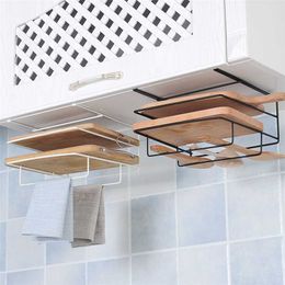 Ractical and Creative Wrought Iron Storage Wall Hanging Box Storage Rack Cutting Board Cover Organiser Kitchen Towel Supplies 211110