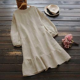 S-5XL Autumn Cotton Linen Dress Spring Autumn Casual Loose Long Sleeve O-Neck Ruffle Women Dresses W9228 210526