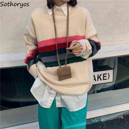 Women Pullover Sweater Striped Panelled Chic O-neck Knitted Jumper Girls Simple Cosy Loose Street Wear Teenager Student Sweaters Y1110