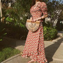 Summer Printed Chiffon Women Long Dress Puff Short Sleeve V-neck Beach Party Elegant Dresses Ladies Fashion Vestidos Femme 210513