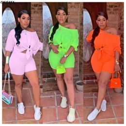 2019 women new summer three quarter length sleeve tie up hem off shoulder top shorts suit two piece set tracksuit outfit Q5102 X0428