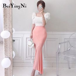 Beiyingni Office Ladies Two Piece Set Lace Top Blouses Female Maxi Package Hip Skirts Women Suits Fashion Elegant Blusas Mujer 210416