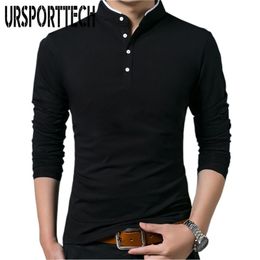 URSPORTTECH Solid Color T Shirt Men Long Sleeve Polo T Shirt for Men Casual Oversize Cotton Tops&tees Mandarin Collar Long Shirt 210409