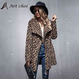 Thick Winter Women Casual Elegant Faux Fur Leopard Jacket Warm Cardigan Female Plush Coats Sweatshirt Outerwear Overcoat 210816