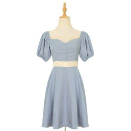 Women Blue Lace Button Slash Neck Puff Sleeve Short A Line Mini Dress Summer Beach Female D1934 210514