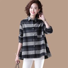 Spring Fashion Women Long Sleeve Shirts Plus Size All-matched Casual Striped Blouse Cotton Female Loose Shirt D 210512