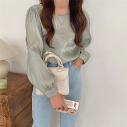Satin Solid Lantern Sleeves Summer Femme Tops Brief Retro Loose Office Lady Casual Streetwear Blouses 210421