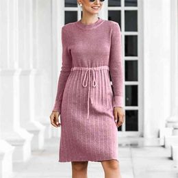 Autumn Knitted Sweater midi Dress Women Winter Casual Fashion A-Line Vintage Plush Base Woolen vestido 210508