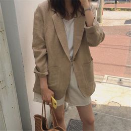 Chic Light-Brown Thin High Quality Office Lady Women Linen Fashion All-Match Retro Loose Streetwear Vintage Blazers 210421