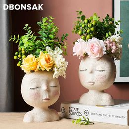Nordic Human Head Vase Flower Pot Doll Shape Sculpture Resin Portrait Flower Pot Art Vase Home Decor Succulents Head Shape Vase 210615