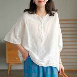 Johnature Women Bat Sleeve Shirts And Tops Linen Loose Clothes Summer Vintage Button Women Solid Color Plus Size Shirts 210521