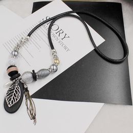 Pendant Necklaces Original Fashion Tassel Wax Rope Necklace Retro Hollow Leaf Long Sweater Chain Women's Clothing Accessories