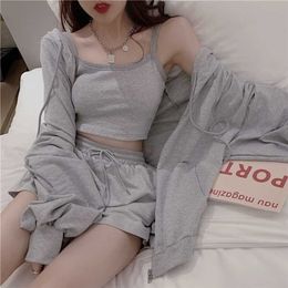 Loungewear Summer Sleepwear Set Women 3 Pieces Fashion Solid Cotton Pyjama Nightgown Suits With Shorts Comfortable Soft Roomware 211105