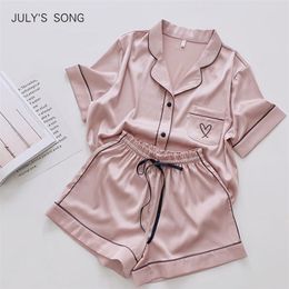 JULY'S SONG Heart Embroidery Pyjama Solid Pink Summer Sleepwear Casual Soft Faux Silk Satin Nightwear Homewear 210809