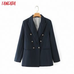 Women Fashion Fit Navy Blazer Coat Vintage Double Breasted Long Sleeve Female Outerwear Chic Tops DA170 210416