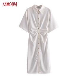 Tangada Fashion Women White Shirt Dress Short Sleeve Buttons Female Office Elegant Midi Dress 3H422 210609