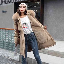 FTLZZ Winter Women Adjustable Waist Cotton Jacket Casual Loose Fur Collar Hooded Long Parka Coat 210913