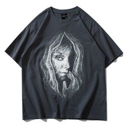 Men Streetwear Retro Sketch Portrait Prented T Shirt Short Sleeve Oversized Women T-shirt Harajuku Gothic Cotton Tops Tees 210527