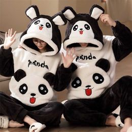 Arrival Winter Pyjamas Women Men CoralFleece Pyjamas Cartoon Panda Hoodie Pyjamas Thicken Nightclothes Lovers 211211