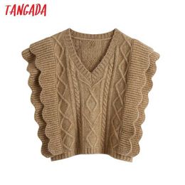 Tangada Women Vintage Brown Ruffle Twist Knitted Vest Sweater V Neck Sleeveless Female Waistcoat Chic Tops BE752 210609