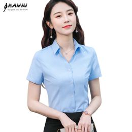 Blue Shirt Women Summer Fashion Business Formal Cotton Short Sleeve Interview Slim Blouses Office Ladies Work Tops White 210604