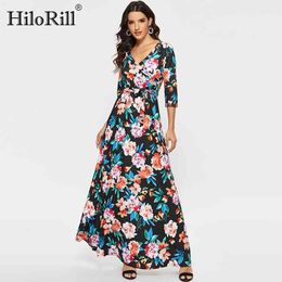 Casual Sexy V Neck Bohemian Print Maxi Dress Women Half Sleeve Plus Size Long Ladies Tunic Bandage es 210508