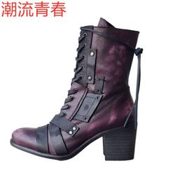Boots Autumn Winter Women Vintage PU Pointy Chunky With Strappy Heels Female Plus-size 35-43Leather For