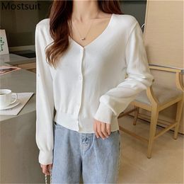 V-neck Single-breasted Knitted Cardigan Sweater Women Full Sleeve Solid Casual Fashion Vintage Ladies Tops Cardigans Femme 210513