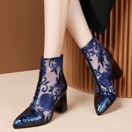 Europea Genuine Leather Sandals Mesh Boots Woman Embroidery Flower Womens hoes Summer Heels Pointed toe Chunky Heel Female