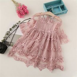 3-8 Years Summer Baby Kids Pink Short Sleeve Flower Girls Lace Tulle Dress Children Wedding Birthday Party Vestidos Kids Clothin Q0716