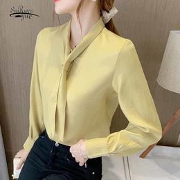 Fashion Elegant Bow Tie Collar Cardigan Chiffon Blouse Autumn Beaded White Shirts Women Long Sleeve Bottoming Shirt Blusas 12195 210508