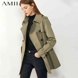 AMII Minimalism Autumn Causal Fashion Women Windbreaker Solid Lapel Double Breasted Belt Causal Female Overcoat Tops 12070417 210812