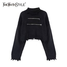 TWOTWINSTYLE Loose Hole Short Sweater For Female Turtleneck Long Sleeve Patchwork Zipper Black Knitted Top Female Autumn 210517