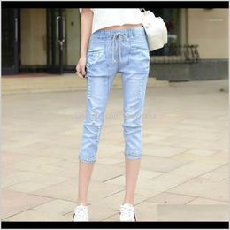 Clothing Apparel Drop Delivery 2021 High Waist Denim Pant Womens Casual Ripped Hole Jeans Vintage Washing Loose Thin Summer Capri Pants F1961