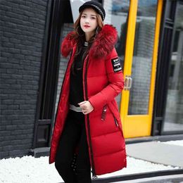 Women's Down Parkas Winter Jacket Big Fur Collar Thick Slim Coat Fashion Hooded Cotton Outerwear Long Woman 210819