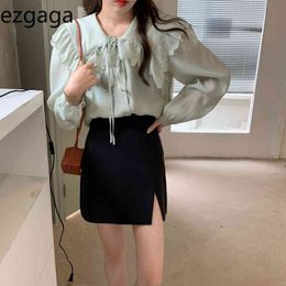 Ezgaga Elegant Korean Chic Women Blouse Spring New Fashion Peter Pan Collar Lace Up Female Shirts Loose Solid Casual 210430